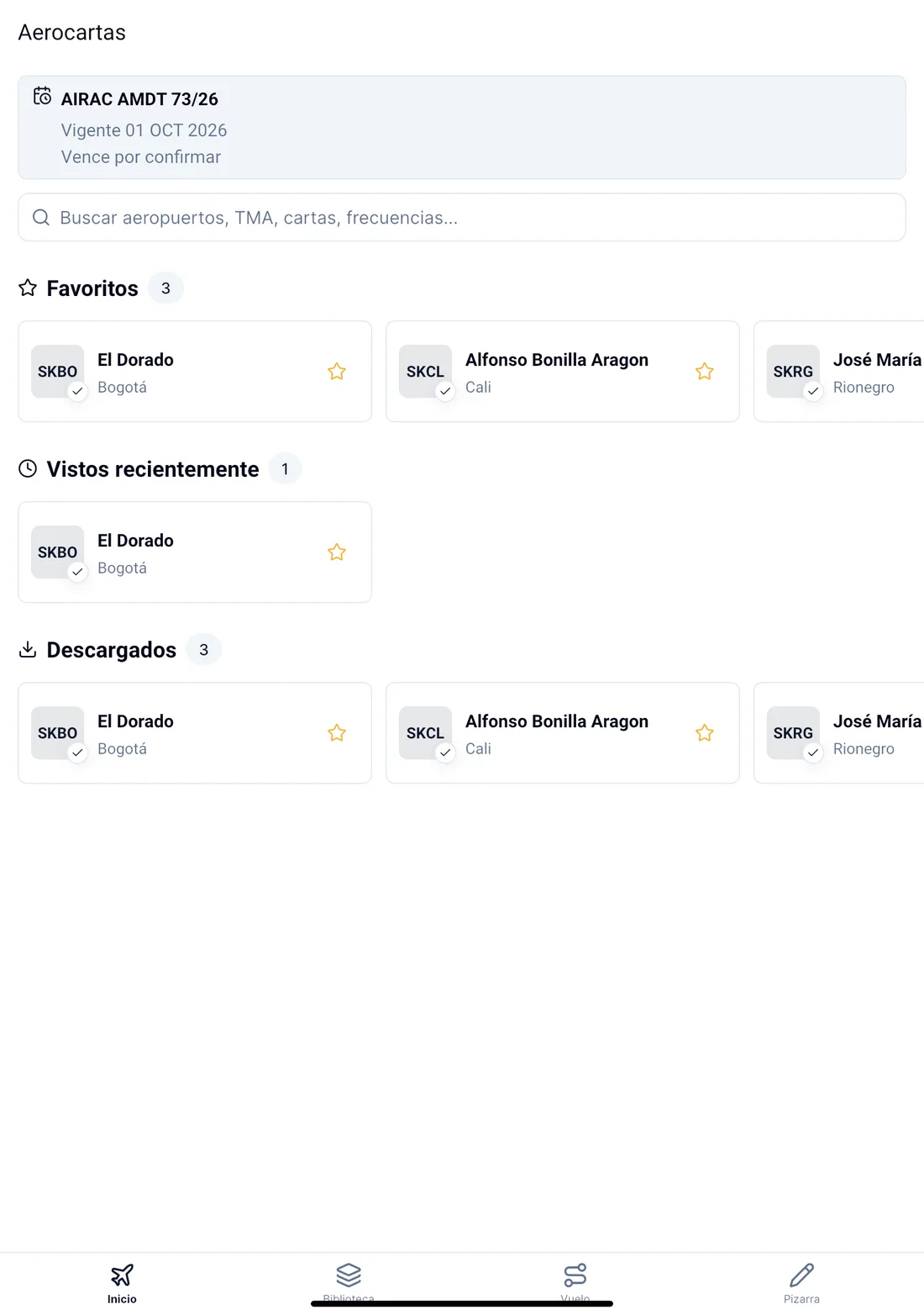 Captura de la app Aerocartas: Offline, con el ciclo a la vista