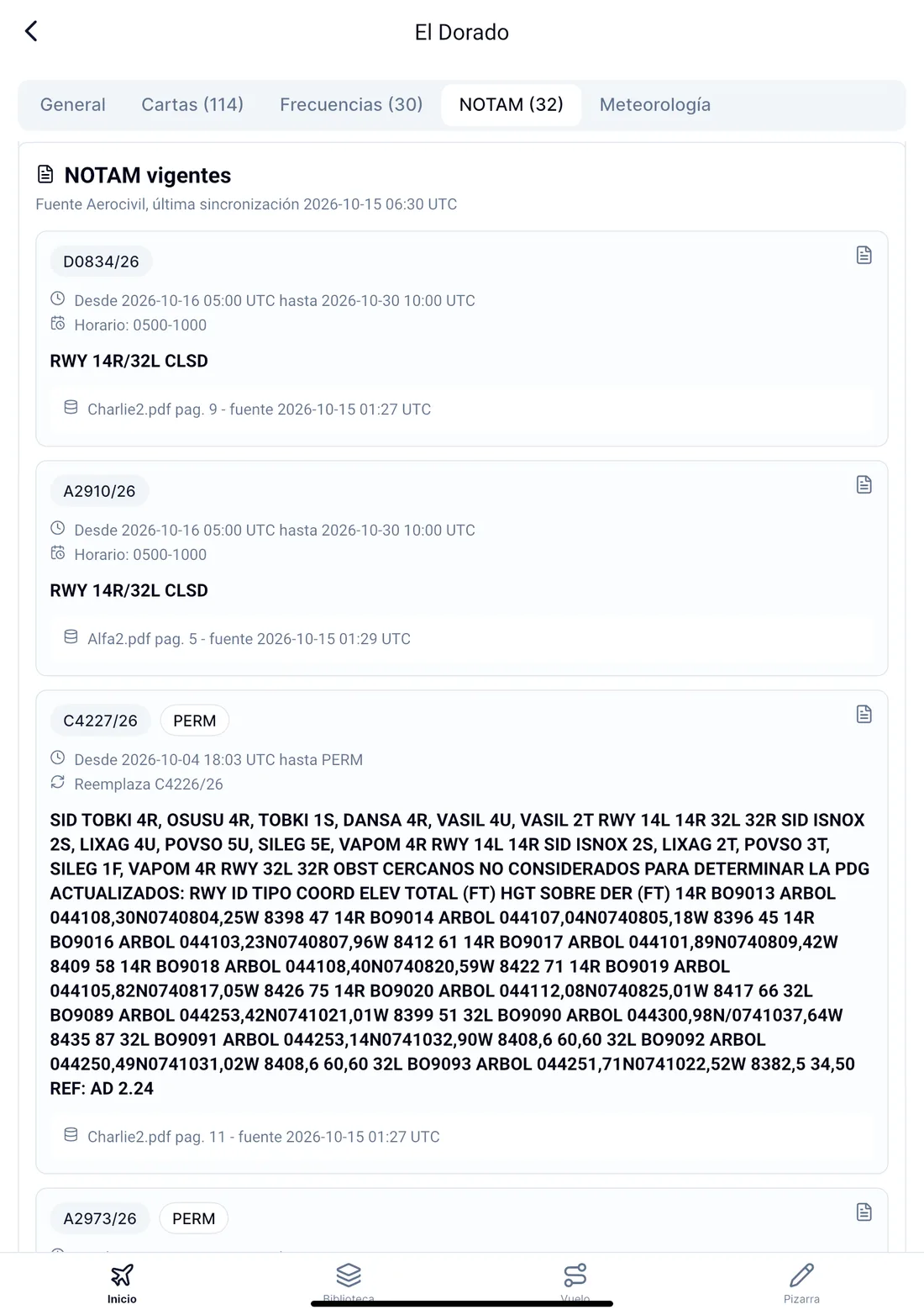Captura de la app Aerocartas: NOTAMs